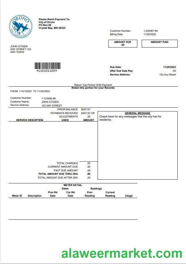 USA Nevada Orono The Lakehore City utility bill template in Word and PDF format